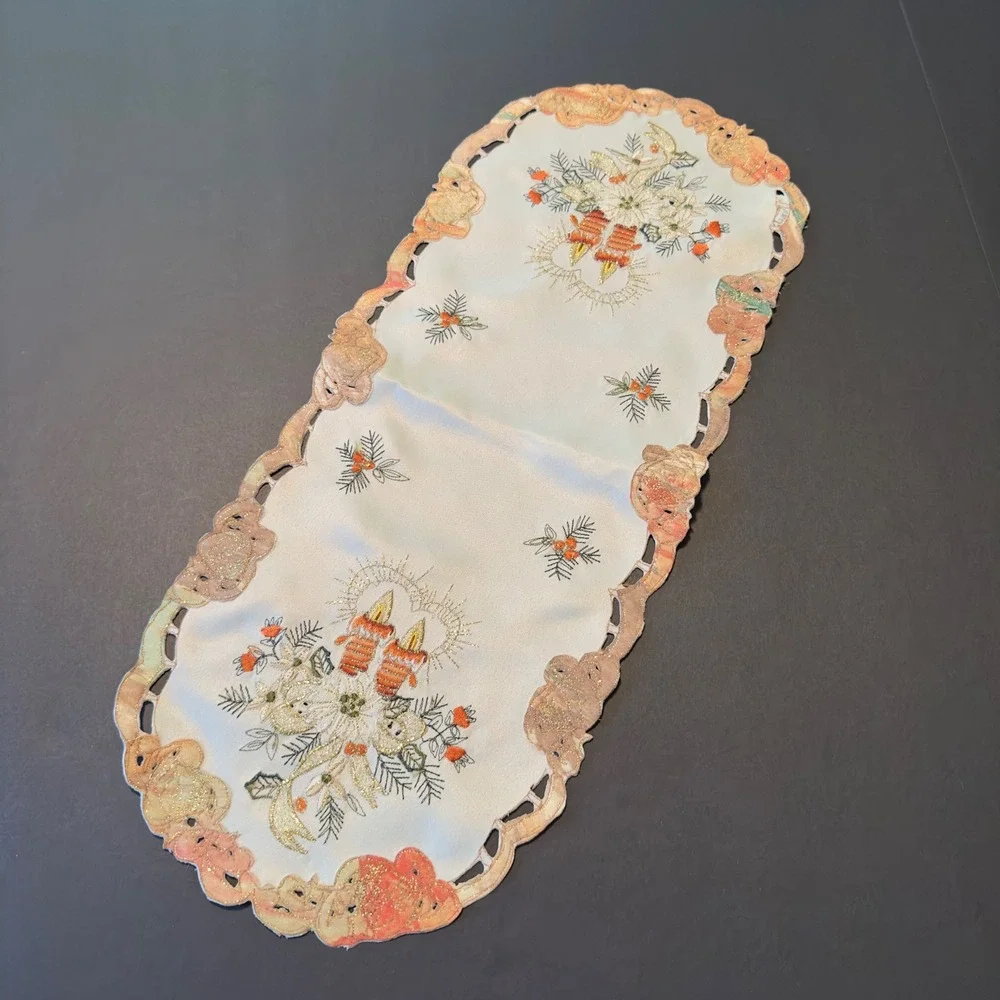 Vintage Christmas Table Runner Embroidered Candles Holly Gold Metallic 19.5x8